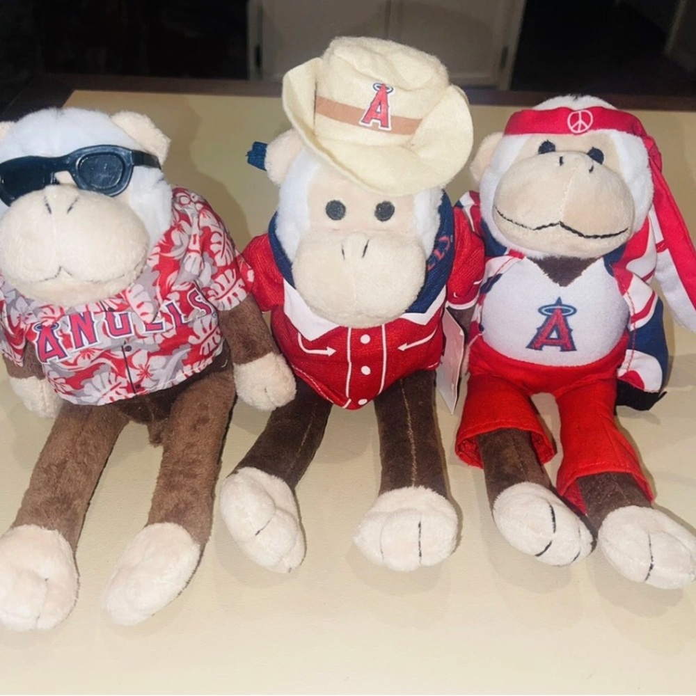 3 LA ANGELS Baseball Plush RALLY MONKEYS -Cowboy, Groovy Hippie, Hawaiian Beach